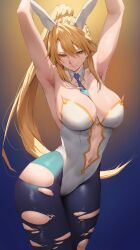 animal_ears armpits arms_up artoria_pendragon artoria_pendragon_(lancer) artoria_pendragon_(swimsuit_ruler) big_breasts blonde_hair blue_necktie blue_pantyhose blush breasts bunnysuit cleavage detached_collar fake_animal_ears fate/grand_order fate_(series) female gradient_background green_eyes groin hips large_breasts leotard long_hair looking_at_viewer navel necktie pantyhose playboy_bunny plunging_neckline ponytail presenting_armpit rabbit_ears rororo sidelocks simple_background smile solo thick_thighs thighs tie torn_clothes torn_pantyhose very_long_hair white_leotard wide_hips