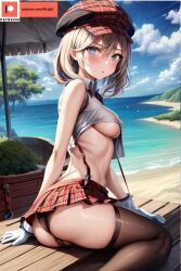 1girls ai_generated ailight alisa_ilinichina_amiella black_legwear black_panties blonde_hair blue_eyes breasts cameltoe female female_only god_eater legwear medium_breasts panties red_skirt sea seaside skirt small_boobs small_breasts solo stable_diffusion underboob