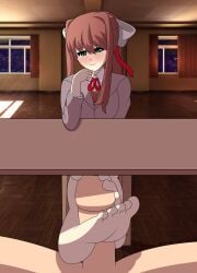 1boy 1girls barefoot blush cfnm doki_doki_literature_club eye_contact feet female_focus foot_fetish footjob green_eyes hairbow half-closed_eyes light-skinned_female light-skinned_male looking_at_viewer male_pov mistpirit monika_(doki_doki_literature_club) nose_blush penis ponytail pov pov_eye_contact school_uniform secret smile soles solo_focus straight toejob toes under_the_table uniform white_skin