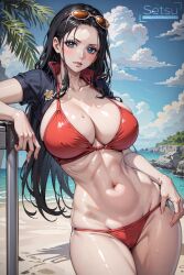 ai_generated beach black_hair blue_eyes blush female female_only large_breasts long_hair looking_at_viewer nico_robin ocean one_piece open_jacket post-timeskip red_bikini setsuaiart sunglasses_on_head tagme