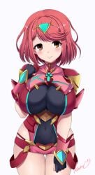 1girls big_breasts blush clothed hand_on_breast kasai_shin looking_at_viewer pyra pyra_(xenoblade) red_hair xenoblade_(series) xenoblade_chronicles_2