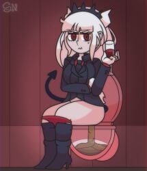 demon demon_girl demon_tail helltaker knee_high_boots lucifer_(helltaker) pooping red_eyes red_panties scat sumnamie tail toilet toilet_use white_gloves white_hair wine