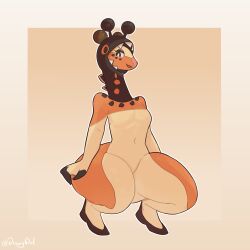 anthro biped black_body breasts brown_eyes crouching dawciday farigiraf female fur giraffid hi_res mammal nintendo orange_body orange_fur pokemon pokemon_(species) simple_background smile solo white_body white_fur