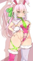 asymmetrical_legwear blushing bottom_heavy bunnysuit cute erotic_costume hands_on_hips huge_thighs medium_breasts pubic_tattoo rabbit_ears rabbit_girl shading shadow slender_waist small_breasts thick thick_thighs thigh_strap tight_belly wide_hips yellow_eyes