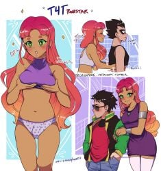 1boy 1futa alien alien_girl binder black_hair blush breasts childish_panties dc dc_comics dialogue dick_grayson dickgirl dress female futanari grabbing_own_breast green_eyes jacket long_hair love male mask panties red_hair robin_(dc) robin_(dick_grayson) rozenphox shirt shy starfire teen_titans trans_man trans_woman transfem transmasc wholesome