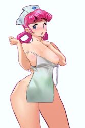 1girls apron apron_only big_breasts blue_eyes blueisalanguage blush breasts breasts_out hair_loopies hand_on_neck light_skin looking_at_viewer nipple_slip nipples nurse nurse_cap nurse_joy pink_hair pokemon slim_waist solo thick_thighs wide_hips