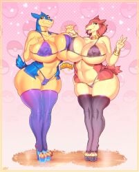 anthro big_breasts bikini breast_squish breasts breasts_frottage camel_toe clothing colored_fingernails colored_nails female female/female fingernails footwear generation_2_pokemon genital_outline hi_res high_heels huge_breasts ipan legwear nails nintendo painted_claws panties platform_footwear platform_heels pokemon pokemon_(species) pussy_outline shiny_pokemon squish swimwear thick_thighs thigh_highs tongue tongue_out typhlosion underwear