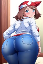 ai_generated ass_focus big_ass blue_eyes blue_jeans blush busty curvy denim_jeans female female_only from_behind hi_res highres jeans long_sleeves looking_at_viewer looking_back may_(pokemon) nintendo pokemon pokemon_trainer round_ass seraphim_ai shirt smile solo stable_diffusion tight_jeans