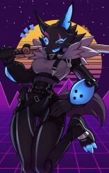 1girls 2023 absurd_res anthro black_body blue_tongue breasts butt_from_the_front canid canine canis claws clothed clothing digital_media_(artwork) epic_games eye_scar facial_scar female fortnite fur_trim_(clothing) grid_floor hi_res highwire_(fortnite) katana looking_back mammal melee_weapon neon_lights one_eye_closed one_leg_on_ground one_leg_up pack_leader_highwire raised_leg retro_background scar skykain smile solo sword techwear thigh_gap weapon wolf wolf_ears wolf_girl wolf_tail