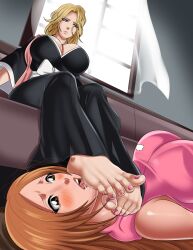 2girls big_breasts bleach bleach:_the_thousand-year_blood_war blonde_hair brown_eyes female female_only foot_fetish foot_focus foot_lick foot_licking foot_worship inoue_orihime matsumoto_rangiku multiple_girls orange_hair pink_toenail_polish pink_toenails toes yuri