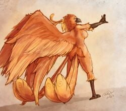 2023 anthro avian beak bird blokfort blue_eyes breasts feathers female looking_at_viewer markings nude orange_body pheonix simple_background smile solo standing wings