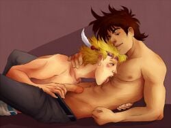 battle_tendency blonde_hair brown_hair caesar_zeppeli duo gay jojo's_bizarre_adventure joseph_joestar licking_chest male male/male male_only penis yaoi