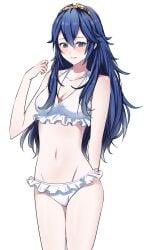 1girls alternate_costume ameno_(a_meno0) bikini blue_eyes blue_hair blush breasts cleavage collarbone commentary_request female female female_only fire_emblem fire_emblem_awakening hair_between_eyes jewelry lips long_hair lucina_(fire_emblem) medium_breasts navel nintendo pink_lips simple_background smile solo stomach swimsuit tiara white_background white_bikini white_swimsuit