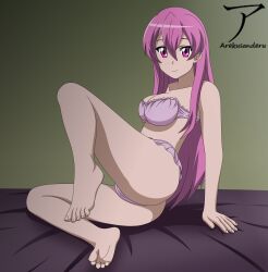 1girls akame_ga_kill! arekusanderu bra breasts feet female horny_female humanoid mine_(akame_ga_kill!) outside panties posing purple_eyes purple_hair sitting_on_bed solo tagme