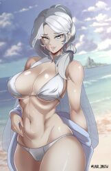 1girls beach blue_eyes leux_21 milf rwby swimsuit white_hair willow_schnee