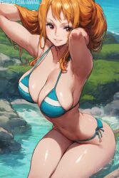 1girls ai_generated amiral_ai armpits bikini cutesexyrobutts_(style) female female_focus female_only long_hair looking_at_viewer nami nami_(one_piece) one_piece orange_hair post-timeskip presenting_armpit stable_diffusion voluptuous voluptuous_female