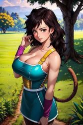 1girls ai_generated alien_girl alien_look_like_human animal_tail big_breasts black_hair breasts brown_eyes cleavage dragon_ball dragon_ball_super female female_only female_saiyan gine huge_breasts humanoid large_breasts married_woman milf monkey_tail mother plunging_neckline saiyan saiyan_armor saiyan_tail solo stable_diffusion tail tree trees