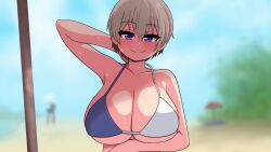 1boy 1girls animated arm_behind_head arm_under_breasts arm_up armpits beach bikini blue_eyes blush breast breast_hold breasts busty cleavage grey_hair huge_breasts imminent_flashing looking_at_viewer lotion naughty_face outdoors pov sakurai_shinichi seductive sensual shorter_than_10_seconds shorter_than_30_seconds smile sunscreen sweat swimsuit teasing the_only_shoe undressing untied untied_bikini uzaki-chan_wa_asobitai! uzaki_hana video white_hair