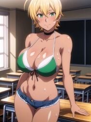 1girls ai_generated blonde_hair breasts cleavage dark-skinned_female dark_skin desk looking_at_viewer mito_ikumi shokugeki_no_souma shorts solo stable_diffusion