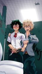 2boys anime anime_style baggy_clothing baggy_pants bathroom bathroom_stall belt blush boy cum cum_in_toilet cute deku ejaculation erect_nipples erect_penis freckles freckles_on_face gaslight gay grabbing grabbing_penis gripping izuku_midoriya izukur0t137 katsuki_bakugou male/male male_only masturbation my_hero_academia nervous pulled_down_pants semen shaking smirk tiles toilet undone_belt undone_shirt uniform yaoi