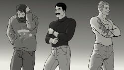 3boys beard black_hair blush brown_hair crossed_arms franklin_(the_long_dark) grin hand_on_head hand_on_hip male male_only mathis_(the_long_dark) moustache muscular_male nervous smile sweater tank_top tattoo the_long_dark watch white_hair will_mackenzie_(the_long_dark)