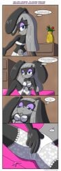 4koma black_fur blue_eyes blush boxers bra breasts bunny_girl comic dakina_(writer) english_text eyeshadow female female_masturbation flower furry furry_female grey_hair half-closed_eyes indoors isahare isahare’s_alone_time isahare_the_rabbit long_hair looking_at_viewer looking_back makeup masturbation medium_breasts rabbit_ears rabbit_girl rabbit_nose sitting speech_bubble spread_legs thighhighs thought_bubble two-tone_fur underwear vase white_bra white_panties