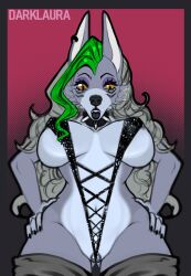 anthro areola big_breasts bikini breasts butt_from_the_front canid canine canis clothing collar darklaura ear_piercing ear_ring eyelashes eyeshadow facial_markings female five_nights_at_freddy's five_nights_at_freddy's:_security_breach fur genitals green_highlights grey_areola grey_background grey_body grey_clothing grey_fur grey_hair grey_legwear grey_pussy hair hand_on_hip head_markings hi_res highlights_(coloring) legwear long_hair makeup mammal markings navel open_mouth piercing pink_background purple_eyeshadow pussy pussy_floss ring_piercing roxanne_wolf_(fnaf) scottgames simple_background sling_bikini solo spiked_collar spikes steel_wool_studios swimwear thick_thighs wide_hips wolf yellow_eyes