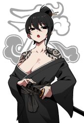 big_breasts black_eyes black_hair blush cleavage hair_ribbon holding_weapon katana kemono library_of_ruina project_moon sayo sayo_(library_of_ruina) tattoo