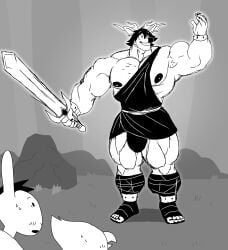 absurd_res anthro avian big_bulge big_muscles big_pecs bird bulge clothing deer group hi_res holding_object holding_sword holding_weapon horn huge_muscles huge_pecs lagomorph leporid male mammal melee_weapon muscular muscular_anthro muscular_arms muscular_legs muscular_male muscular_thighs nipples parttimeyeen_(artist) pecs rabbit solo_focus sword thick_thighs toga trio weapon