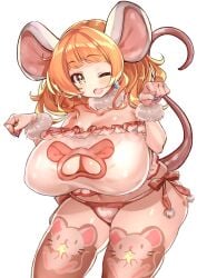 1girls bangs blunt_bangs cleavage_cutout earrings eyebrows_visible_through_hair fangs female frills front_view huge_breasts long_hair looking_at_viewer manyuu_kaeru_tasuke_sansei mouse_ears mouse_tail nipple_bulge one_eye_closed open_mouth orange_hair original original_character painted_nails panties simple_background skindentation solo standing thick_ass thick_thighs thighhighs white_background wink