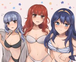 3girls alternate_hairstyle blue_hair breasts celica_(fire_emblem) female female_only fire_emblem fire_emblem:_three_houses fire_emblem_awakening fire_emblem_echoes:_shadows_of_valentia hair_down looking_at_viewer lucina_(fire_emblem) marianne_von_edmund nintendo purrlucii