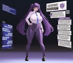 big_breasts breasts_bigger_than_head character_sheet fan_character huge_breasts oc office_clothing pokemon pokemon_sv purple_hair skin_tight thekite vesper_(thekite)