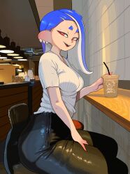 1girls alternate_breast_size blue_hair breasts clothed female hair_over_one_eye horny indoors light-skinned_female light_skin looking_at_viewer medium_breasts medium_hair nintendo octoling red_eyes shiver_(splatoon) smile splatoon splatoon_(series) splatoon_3 thick_thighs tight_clothing wholesome yuta_agc