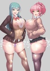 2girls aqua_hair ass breasts character_request cleavage copyright_request covered_nipples dat_ass female huge_ass huge_breasts idolmaster idolmaster_cinderella_girls jougasaki_mika ky. light-skinned_female light_skin long_hair micro_panties microskirt panties partially_visible_vulva pink_hair pubic_hair pubic_hair_peek school_uniform schoolgirl short_hair short_skirt skindentation skirt sweat sweaty_body thick_ass thick_thighs thighhighs thighs