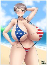 1girls alternate_body_type alternate_breast_size american_flag american_flag_bikini arm_behind_head azraelwebster beach big_breasts breasts breasts busty curvaceous curvy curvy_body curvy_female curvy_figure female girls_und_panzer hand_behind_head huge_breasts large_breasts naomi_(girls_und_panzer) short_hair thick_thighs thighs voluptuous