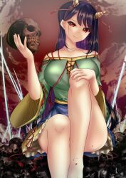 black_hair female green_shirt highres holding holding_skull horns long_hair nippaku_zanmu purple_hair red_eyes shirt shorts shounen_(hogehoge) skull sky smile solo thighs touhou unfinished_dream_of_all_living_ghost wide_sleeves yellow_horns