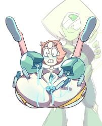 anus artificial_insemination blue_anus blue_nipples blue_pussy blushing breasts cartoon_network clitoris cum_in_pussy dzk female gem_(species) insemination legs_up nipples pearl_(steven_universe) peridot_(steven_universe) pussy spread_legs steven_universe tagme white_background