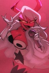 big_breasts bigdad breasts cleavage clothed clothing demon demon_girl demon_horns demon_tail female hair helluva_boss horn huge_breasts humanoid long_hair red_body simple_background smile solo solo_female spade_tail succubus tail verosika_mayday_(helluva_boss) white_hair