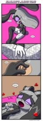 4koma black_fur blue_eyes blush boxers breasts bunny_girl comic dakina_(writer) english_text eyeshadow female female_masturbation fingering_pussy fingering_self furry furry_female grabbing_own_breast grey_hair half-closed_eyes heart isahare isahare’s_alone_time isahare_the_rabbit long_hair makeup masturbation rabbit_ears rabbit_girl rabbit_nose speech_bubble spread_legs thighhighs thought_bubble two-tone_fur vase white_bra