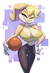 1girls 2023 anthro bare_arms basketball belly_button big_breasts bigdad blonde_hair blue_eyes bottomwear breasts buckteeth busty cleavage clothed clothed_female clothes clothing crop_top darnact deep_cleavage eyelashes female front_view fully_clothed furry gloves hair hand_on_hip handwear holding_ball hourglass_figure lagomorph large_breasts leggings legs_together leporid lola_bunny long_ears looking_at_viewer looney_tunes mammal midriff navel one_eye_closed pants pose posing purple_background rabbit short_hair smile smiling smiling_at_viewer solo space_jam standing stomach tan_fur tank_top thigh_gap thighs three-quarter_portrait top_heavy topwear two_tone_fur warner_brothers white_background wide_hips wink winking_at_viewer