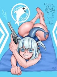 1girls ass big_ass bubble_butt dat_ass fat_ass female female_focus firearm gawr_gura gun handgun hololive hololive_english hololive_myth large_ass looking_at_viewer lying lying_on_stomach pale_skin revolver shark_girl shinobupp tail thick_ass virtual_youtuber weapon white_hair