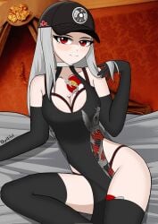 cap chigusa_(fortnite) choker daikiri_di_mon dress fortnite fortnite:_battle_royale koi_agent_chigusa_(fortnite) looking_at_viewer on_bed red_eyes stockings tattoo tattoos white_hair