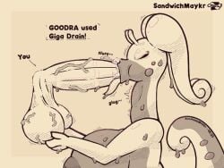 abstract_background antennae_(anatomy) anthro balls big_breasts big_penis bodily_fluids breasts closed_eyes cum cum_in_mouth cum_inside disembodied_penis duo fellatio female generation_6_pokemon genital_fluids genitals glistening glistening_genitalia glistening_penis goo_creature goodra holding_balls huge_breasts huge_cock male male/female neck_bulge nintendo onomatopoeia oral oral_penetration penetration penile penis pokemon pokemon_(species) saliva saliva_on_penis sandwichmaykr sex shaded slime sound_effects tail text thick_tail vein veiny_penis