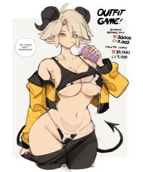 ahoge animal_print bikini black_sports_bra blonde_hair breasts cleavage commentary cow_print cowboy_shot cup curled_horns demon_tail drinking english_commentary english_text female forehead goat_girl goat_horns heart highres hip_vent holding holding_cup horns jacket large_breasts long_sleeves looking_at_viewer meme navel off_shoulder original pointy_ears rakeemspoon short_hair simple_background solo speech_bubble sports_bra susan_(rakeemspoon) tail thighs two-tone_background undressing v-shaped_eyebrows yellow_eyes yellow_sleeves