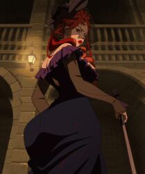 1girls ass blue_eyes breasts carmilla_(undead_girl_murder_farce) clothing hips holding_object huge_ass large_ass large_breasts lipstick red_hair screencap undead_girl_murder_farce