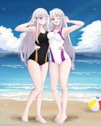 2022 2girls armpits background beach beach_ball black_swimsuit blue_sky clouds detailed_background emilia_(re:zero) eye_closed feet female female_only hair_ornament high_resolution highres hugging legs open_mouth peace_sign purple_eyes re:zero_kara_hajimeru_isekai_seikatsu sand satella_(re:zero) sea sexy_armpits silver_hair smile smiling smiling_at_viewer standing swimsuit white_swimsuit xuanwoo