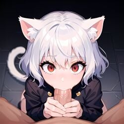 1girls ai_generated animal_ears blowjob breasts cat_ears cat_girl chimera_ant female humanoid hunter_x_hunter neferpitou oral pale-skinned_female pale_skin red_eyes short_hair shounen_jump villainess white_hair