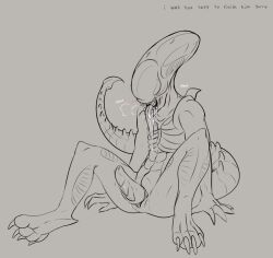 alien alien_(franchise) alien_genitalia claws drooling exophilia eyeless genital_slit line_art long_tail long_tongue male_only male_xenomorph monster no_eyes panting paws presenting_penis ridged_penis saliva sharp_teeth solo_male spread_legs submissive_male tapering_penis teratophilia tongue_out unusual_genitalia unusual_penis visible_breath weapon_tail xenomorph xenophilia