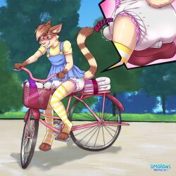 1boy anthro bicycle crossdressing crossdressing_male diaper diaper_under_clothing diaper_under_skirt furry leg_warmers male masturbation omopaws public_masturbation vibrator wand_vibrator