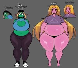 2girl big_belly big_breasts big_thighs blonde_hair chubby chubby_female female female_only freckles glasses green_skin half-dressed kona_(meltstoplock) long_hair meltstoplock model_sheet oc original original_characters pink_skin pyane_(meltstoplock) tagme